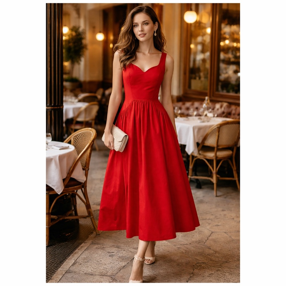 Alexander McQueen Red Midi Dress Cotton Poplin Sleeveless 2 Cocktail NWOT 🟡 - Picture 2 of 14